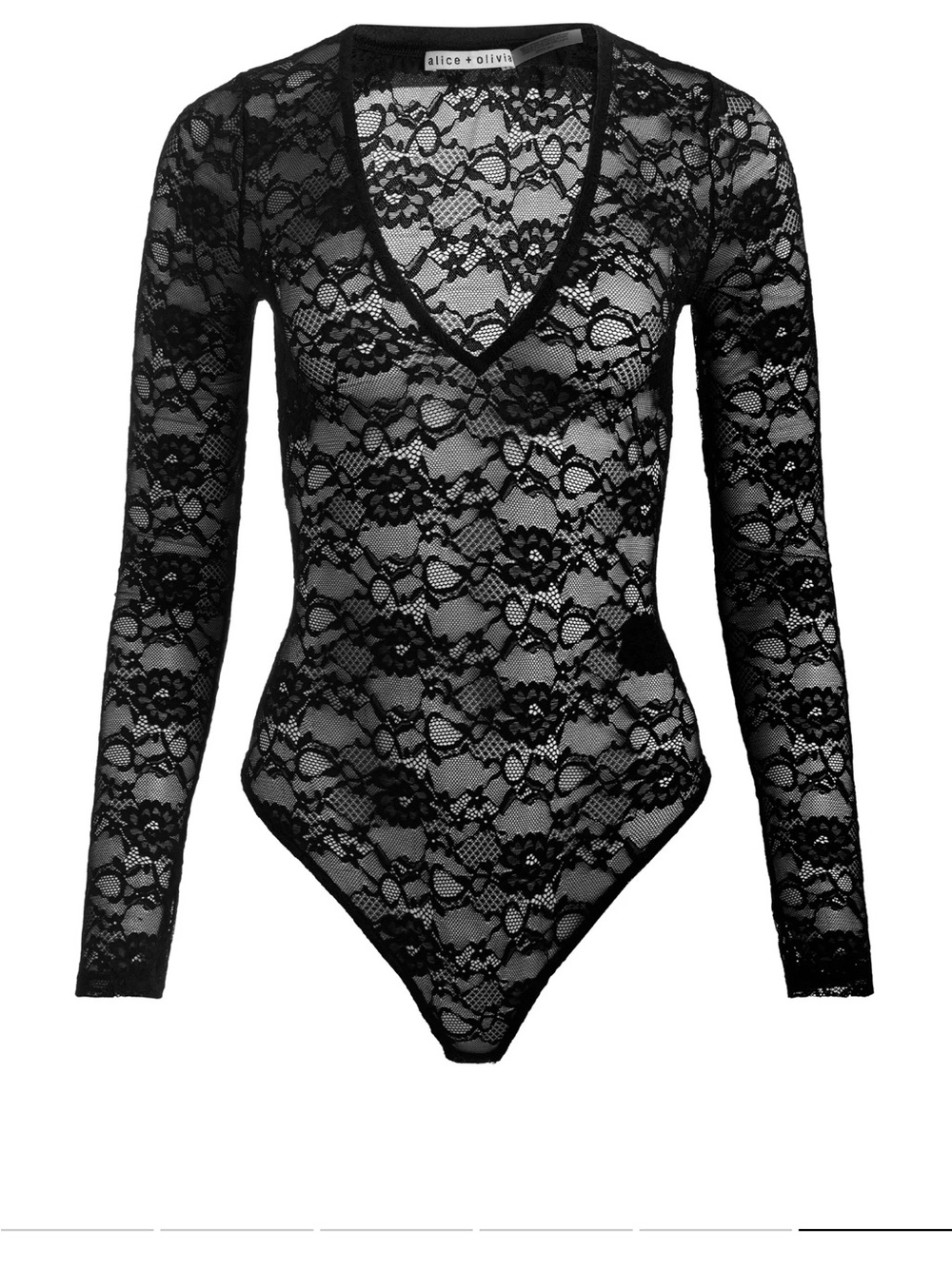 Alice + Olivia Black Floral Lace Long-Sleeve V-Neck Bodysuit
